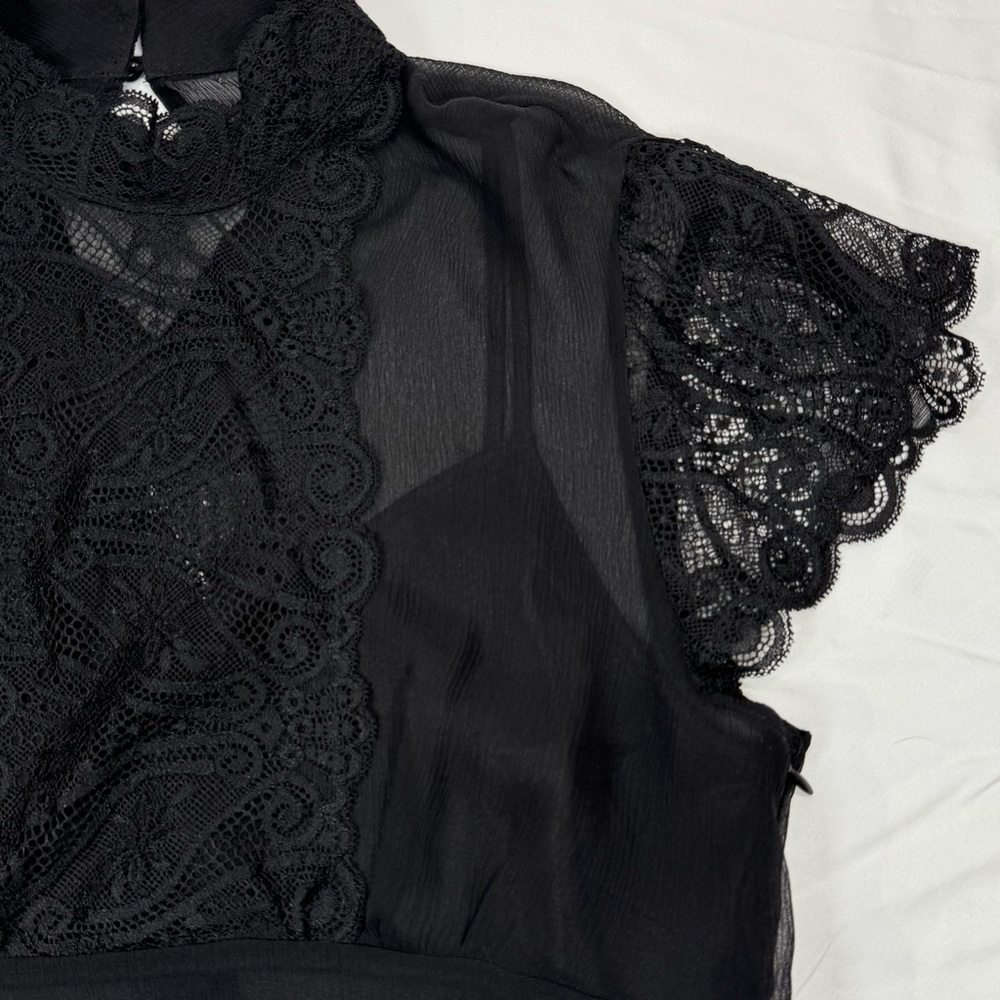 SOLD Black Sheer Silk Short Sleeve Blouse Lace Trim The Limited, Large, Camisole - Picture 3 of 16